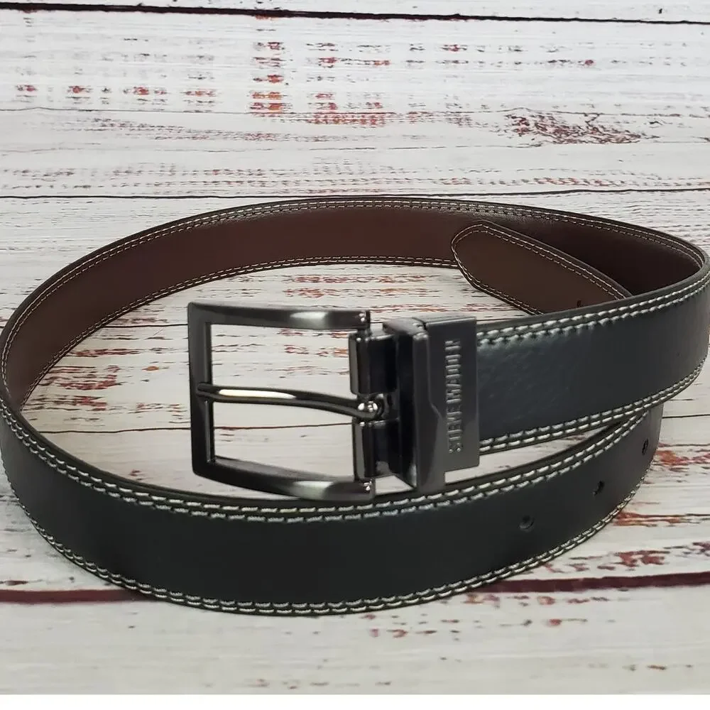Steve Madden Women's Black Faux Leather Belt White & Blue Stitch Size Small NWT